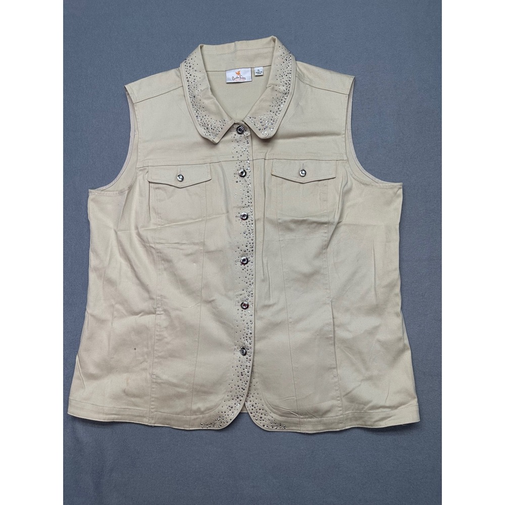 Quacker Factory XL Beige Rhinestone Embellished Button Front Cotton Blend Vest